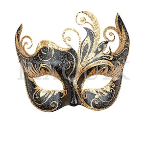 Masque de mascarade luxueux dans les tons noir et or | Clipart Nouvel An | Clipart fête | Conception de célébration | Scrapbooking | Téléchargement numérique