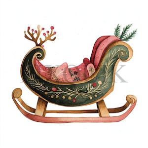du Père Noël en traîneau | 10 fichiers JPG et PNG | Fabrication de cartes | Artisanat numérique en papier | Aquarelle | Design pour les fêtes de fin d'année, Noël