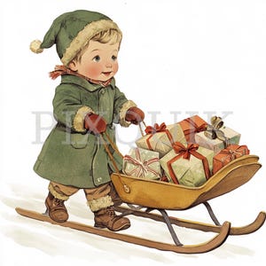 Vintage kleine jongen trekt aan een slee-clipart | 4 clipartbestanden | Kaarten maken | Digitale papierkunst | Aquarelkunst | Retro festivalontwerp