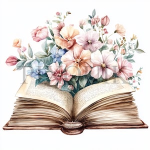 Vintage bloemen open boek clipart | 10 JPG- en PNG-bestanden | Kaarten maken | Digitale papierkunst | Aquarelkunst | Openboekillustratie,