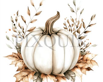 Watercolor White Pumpkin Clipart: Autumn Harvest Art (JPG & PNG)