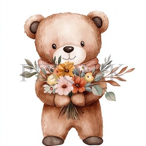 Teddy Bear  Holding a Bouquet Clipart | 10 JPG's and PNG Files | Card Making | Digital Paper Crafts | Watercolor Art | Brown Bear with