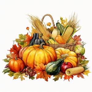 a watercolor painting of a basket of corn and pumpkins