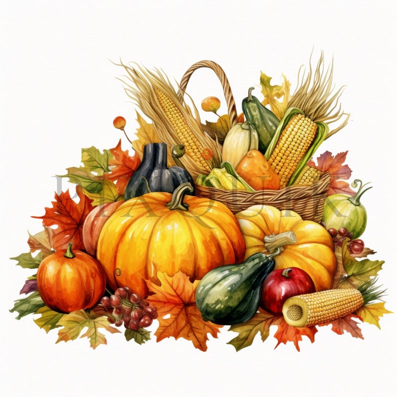 a watercolor painting of a basket of corn and pumpkins