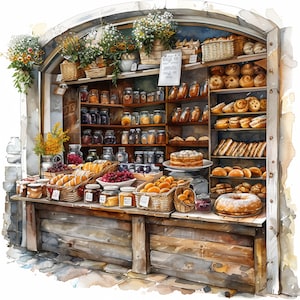 Aquarel Franse bakkerij-clipart | 10 JPG's van hoge kwaliteit | Directe digitale download | Bakkerij-clipart | Franse bakkerij | Clipart Frans café