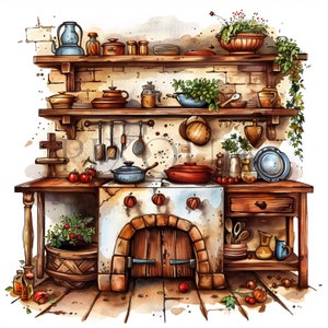 Watercolor Country Kitchen Clipart |  10 High Quality JPG | Rustic Vintage cottage Clipart | Digital Paper | Junk Journal, Commercial Use