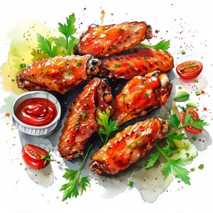 Imágenes prediseñadas de alitas de pollo en acuarela / 10 archivos JPG de alta calidad / Álbum de recortes de pollo / Alitas de pollo / Paquete de alitas de pollo / Alitas fritas