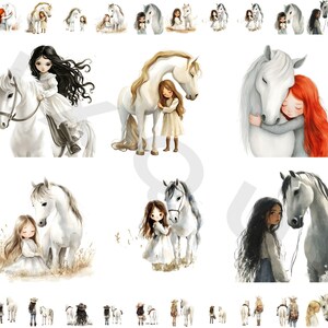 Girl with Horse Clipart, Digital Horse and Rider Art, Country Girl Illustration, White Horse Clipart, Equestrian Digital PNG, Kid’s Horse Ar