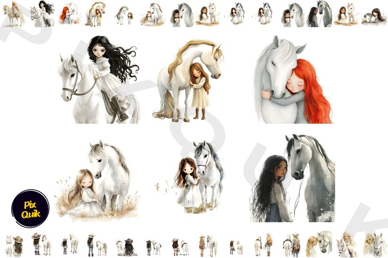Girl with Horse Clipart, Digital Horse and Rider Art, Country Girl Illustration, White Horse Clipart, Equestrian Digital PNG, Kid’s Horse Ar