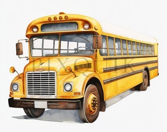 Könnte beinhalten: Ein gelber Schulbus mit schwarzen Akzenten und einem weißen Dach. Der Bus hat eine große Windschutzscheibe und mehrere Fenster an den Seiten. Der Bus steht auf weißem Hintergrund.