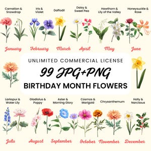 99 cliparts de fleurs pour le mois de naissance, PNG de fleurs de naissance, bouquet de fleurs pour le mois de naissance, cadeau pour la fête des mères, aquarelle de fleurs pour le mois de naissance, floral.