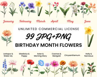 Watercolor Birth Month Flower Clipart: 99 PNG & JPG Floral Art (Digital Download)