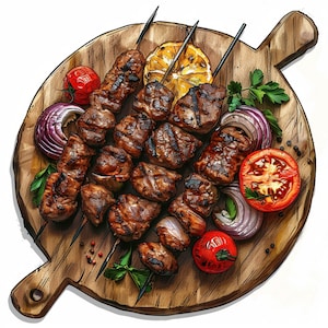 Aquarel kebab clipart | Shish kebab | Voedselclipart | aquarel clipart | Direct downloaden | Commercieel gebruik: