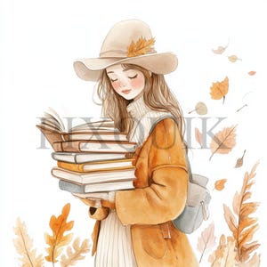 Autumn Girl reading Book Clipart | 10 High Quality JPG&#39;s and PNG | Boho Fall Reading Art | Watercolor Book Illustration | Boho Autumn Decor