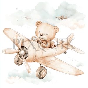 Ours en peluche avec avion | 10 fichiers JPG et PNG | Fabrication de cartes | Artisanat numérique en papier | Aquarelle | Style bohème, marron clair
