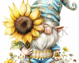 Sunflower Garden Gnome Clipart: Summer JPG Images (Digital Download)
