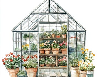 Watercolor Greenhouse Clipart | Botanical JPG & PNG Files (Digital Download)