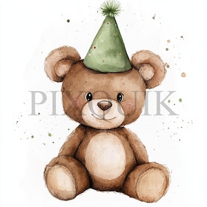 Orsetto con cappello da festa Clipart / 10 file JPG e PNG / Creazione di biglietti / Artigianato di carta digitale / Arte ad acquerello / Stile Boho, orso con