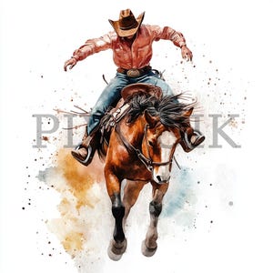Bucking Bronco Cowboy Clipart | 10 fichiers JPG ET PNG | Fabrication de cartes | Artisanat numérique en papier | Aquarelle | Rodéo de cow-boys, style western