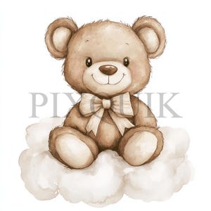 Ours en peluche assis sur un nuage | 10 fichiers JPG et PNG | Fabrication de cartes | Artisanat numérique en papier | Aquarelle | Style bohème, nuage marron