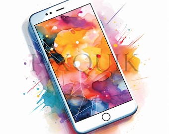Watercolor Smartphone Clipart Set | 10 High Quality JPGs | Digital Download | Colorful Mobile Phone Illustrations | Instant Download