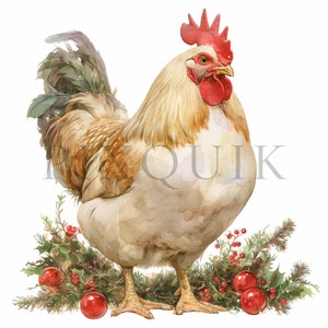 Clipart poulet des fêtes | 10 fichiers JPG de haute qualité | Téléchargement numérique | Poulet de Pâques, Clipart Poulet | Poulet de Noël | Poulet à l'aquarelle
