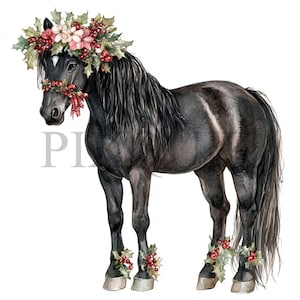 Clipart de caballo negro navideño / 10 JPG y PNG de alta calidad / Animal festivo / Creación de tarjetas, clipart de animales lindos, papel digital