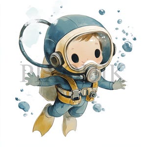 Child in Scuba Gear Clipart | 10 JPG&#39;s and PNG Files | Card Making | Digital Paper Crafts | Watercolor Art | Underwater Adventure, Ocean