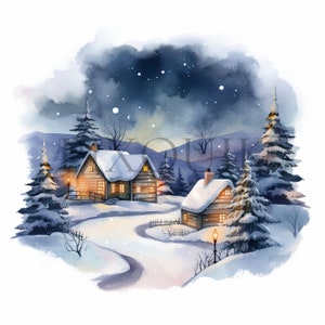 Clipart notte invernale ad acquerello / 10 JPG di alta qualità / Notte Santa / Download digitale / Cottage invernale / Paesaggio invernale, Download immediato