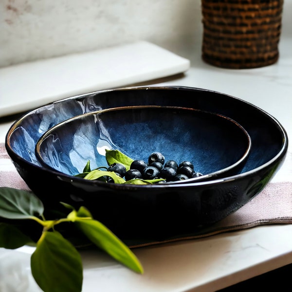 Ensemble de bols nordiques en céramique | Ramen à la japonaise | Salade | Nouilles | Grand bol à soupe | Bol en céramique de 27 oz | Vaisselle décorative | Bol bleu
