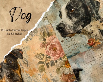 May include: 20 digital printable pages featuring vintage style images of dogs and floral patterns. The pages are 11 x 8.5 inches and are perfect for junk journaling.