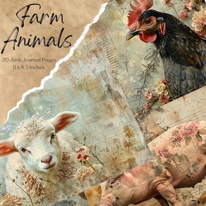 Pagine del diario spazzatura degli animali da fattoria / Carta per album vintage / Foglio collage stampabile / Effimeri animali / Creazione di carte fai da te / Download digitale