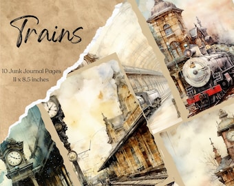 May include: Ten watercolor illustrations of trains and train stations. The illustrations are in a vintage style and feature a variety of trains, including steam engines and modern locomotives. The illustrations are perfect for use in junk journals, scrapbooks, or other creative projects.