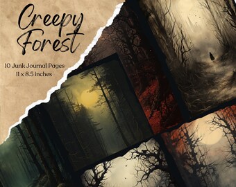 Creepy Forest Junk Journal Pages | Printable Scrapbook Paper | Collage Sheet | Ephemera | Vintage Trees Background | Creepy | Gothic Scene