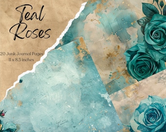 Teal Rose junk Journal Kit | Shabby Chic Junk Journal afdrukbare pagina | Bloemen Junk Journal Kit | Junk Journal-papier | Digitaal collageblad