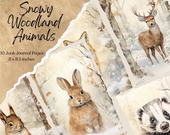 Snowy Woodland Animal Junk Journal Page Bundle | Junk Journal Kit | Printable Journal Page | Digital Paper | Nature Ephemera | Collage Sheet