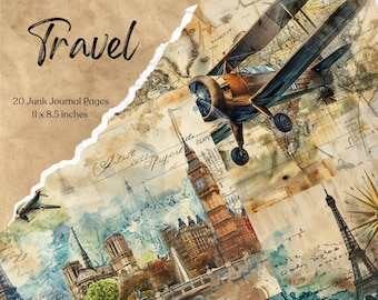 Vintage Travel Junk Journal Pages Digital Floral Ephemera Printable Shabby Collage Sheet Antique Suitcase Scrapbook Vacation Paper Kit Plane