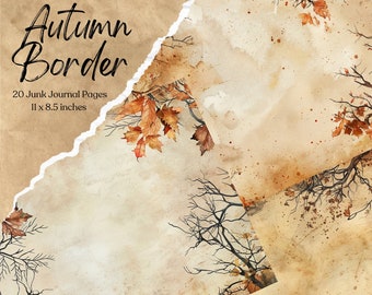 May include: 20 digital printable pages with an autumn border design. The pages feature a distressed, vintage look with brown and tan tones. The border includes images of bare branches, fall leaves, and faded text.