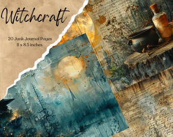 May include: A digital collage of 20 printable journal pages with a witchy theme. The pages feature images of a full moon, a forest, a cauldron, and handwritten text. The text reads "Witchcraft 20 Junk Journal Pages 11 x 8.5 inches".