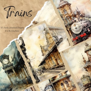 Páginas de diario basura de tren vintage, Papel de álbum de recortes digital, Locomotora imprimible, Hoja de collage, Efímero de viaje, Fondo victoriano