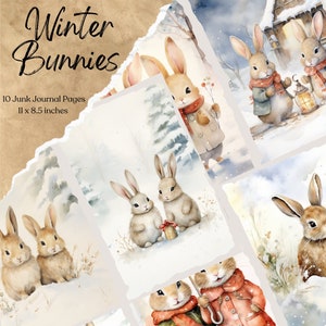 Cartões de registro no diário do coelho do inverno | Digital Junk Journal Efêmeras | Kit de papel para álbum de recortes para impressão | Folha de colagem da floresta | Página do Diário do Coelho