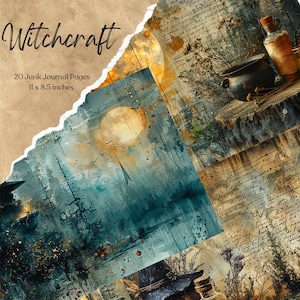 May include: A digital collage of 20 printable journal pages with a witchy theme. The pages feature images of a full moon, a forest, a cauldron, and handwritten text. The text reads "Witchcraft 20 Junk Journal Pages 11 x 8.5 inches".
