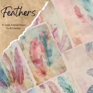 Páginas de diario basura de plumas / Kit de diario basura / Páginas de diario imprimibles / Efímera de papel digital / Ilustraciones de acuarela / Boho Craft