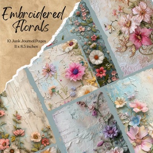Embroidered Florals Junk Journal Kit | Junk Journal Printable Page | Flowers Junk Journal Kit | Junk Journal Paper | Digital Collage Sheet