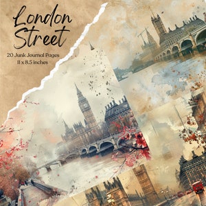 London Street Junk Journal Páginas imprimibles Scrapbook Kit de papel Vintage Ephemera Collage Hoja Fondo digital Descarga instantánea Página de la ciudad