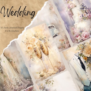 Páginas de diario basura de boda vintage, Kit de papel de álbum de recortes digital, Imprimible, Hoja de collage de flores, Paloma blanca de matrimonio, Efímero de amor