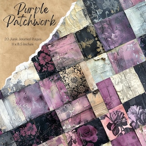 Puede incluir: Páginas de diario de chatarra de patchwork morado con patrones florales y geométricos. 20 páginas, 11 x 8,5 pulgadas.