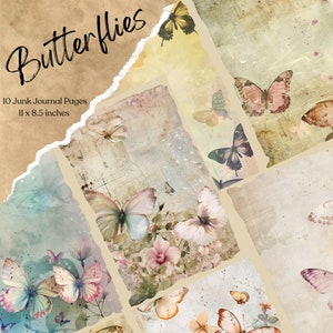 Papel de jornal lixo de borboleta | Páginas do diário de borboletas de fantasia | Papel para impressão do Junk Journal | Folha de colagem digital | Download instantâneo