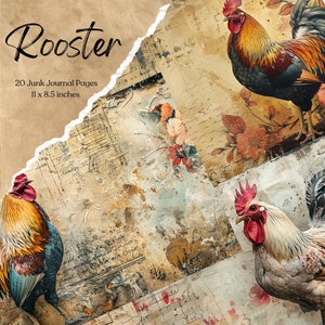 Kit de papiers pour carnet coq éphémères, téléchargement imprimable, feuille de collage technique mixte, album instantané d'animaux de la ferme, poulet, paquet de cartes