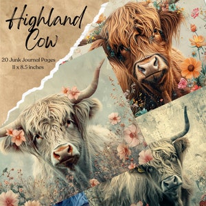 Zestaw stron dziennika Highland Cow Junk | Strony do wydrukowania ze scrapbookingu | Dziennik Flower Junk | Ephemera z farmy | Papier cyfrowy | Pobierz